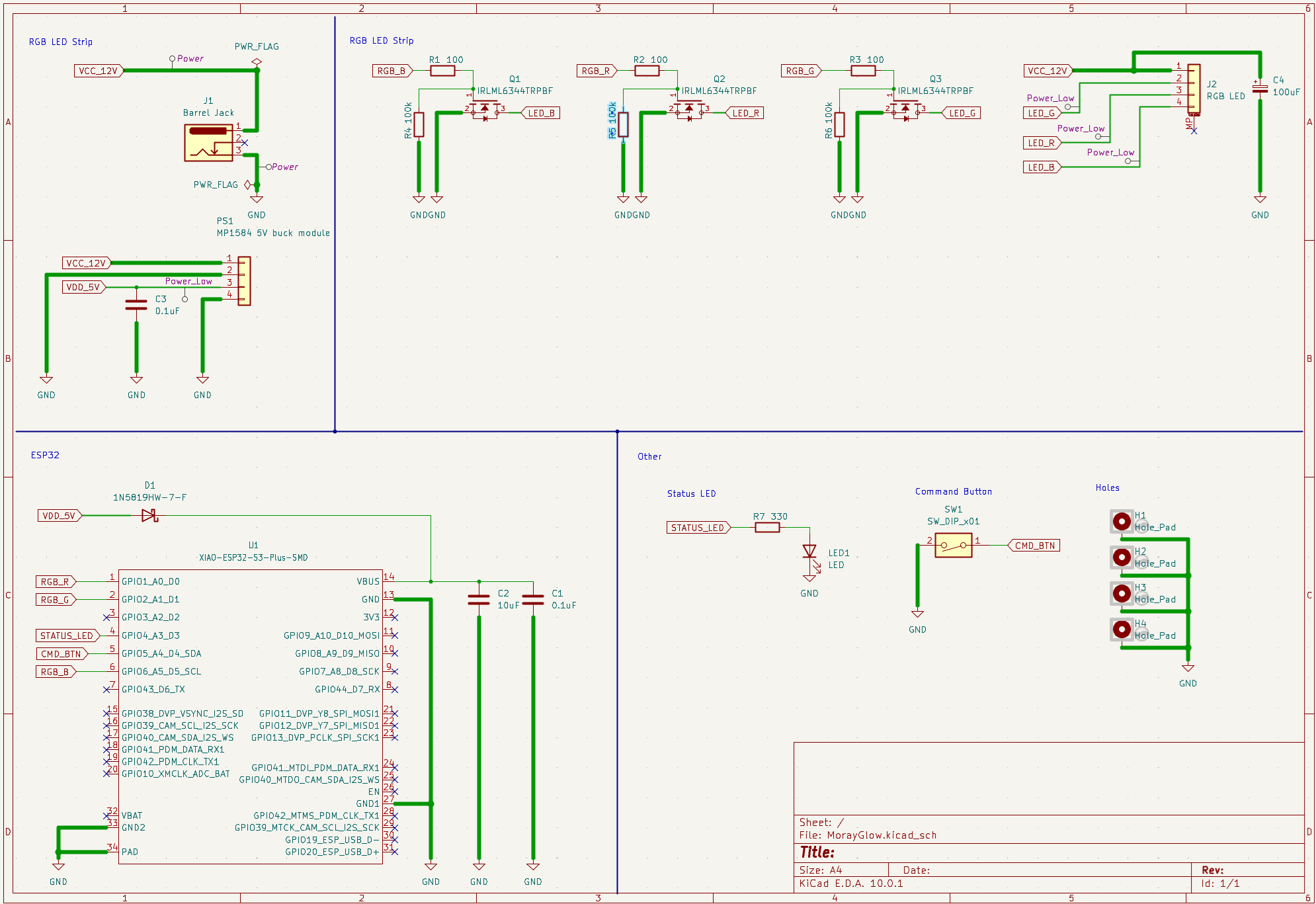 MorayGlow KiCad schematic — full circuit including MOSFET drive, MP1584 buck converter, decoupling capacitors, and RGB strip connectors